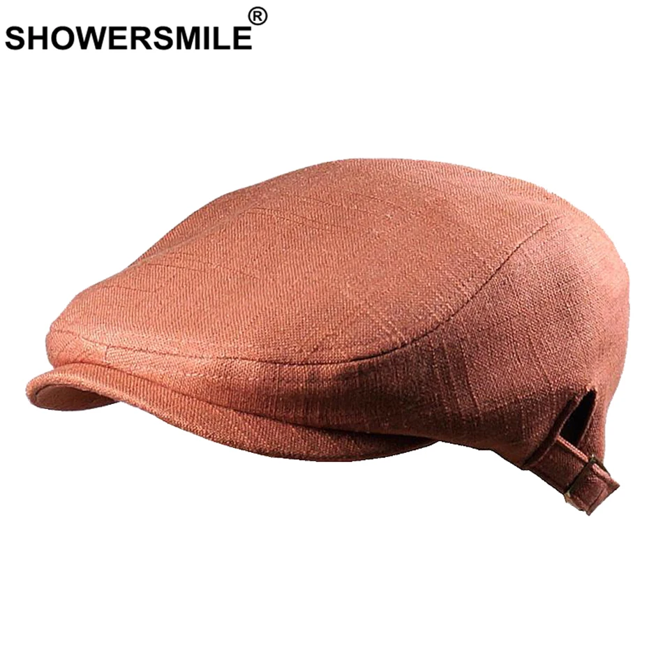 SHOWERSMILE Black Beret Linen Mens Flat Cap Spring Autumn Duckbill Hat Men Vintage Khaki Adjustable British Male Ivy Cabbie Cap