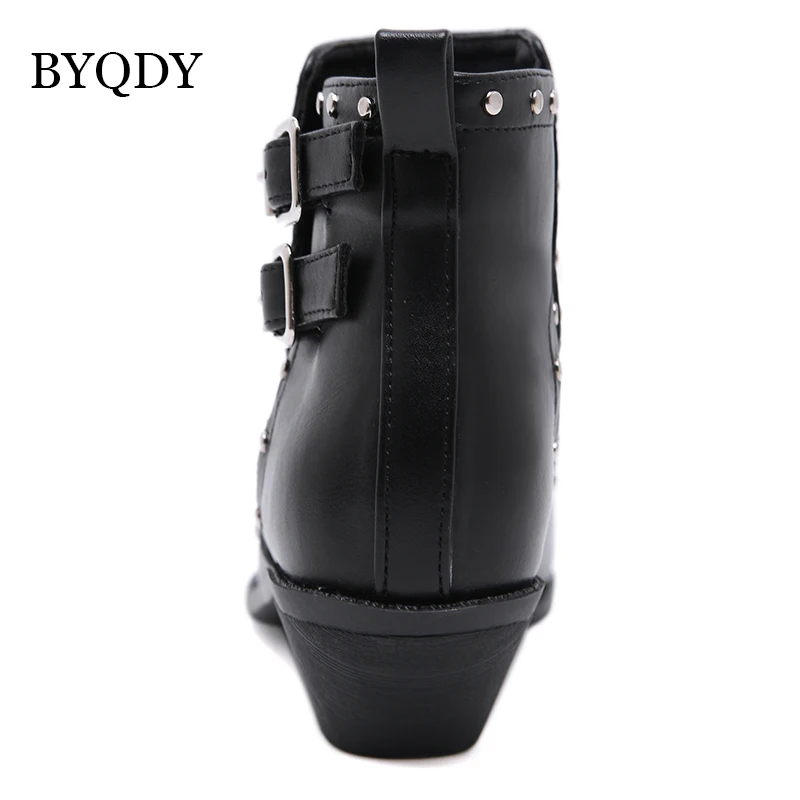 BYQDY Sexy Rivets Autumn Ankle Boots For Woman Cow Leather Chunky Heel Zipper Ladies Booties Buckle Solid Black Short | Обувь
