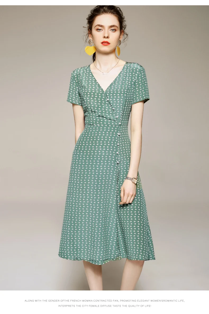 

100% Silk Women's Runway Dresses V Neck Short Sleeves High Street Printed Fashion Casual Summer Dresses