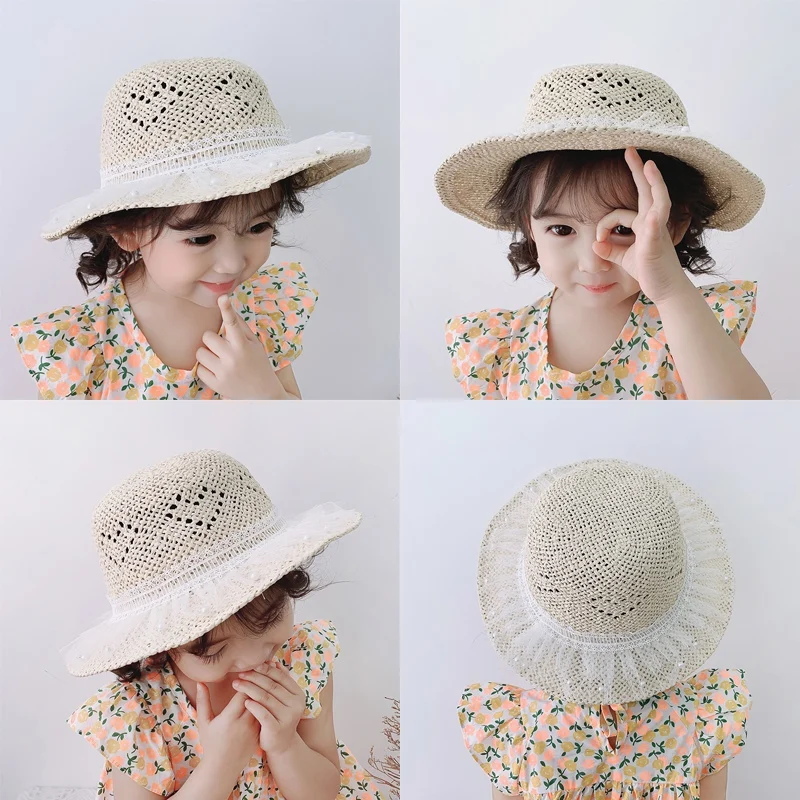 

Summer Girls Hats Children's Beach Cap New Flowers Pearl Bow Straw Hat Wide Brim Bohemia Cap Sun Hats
