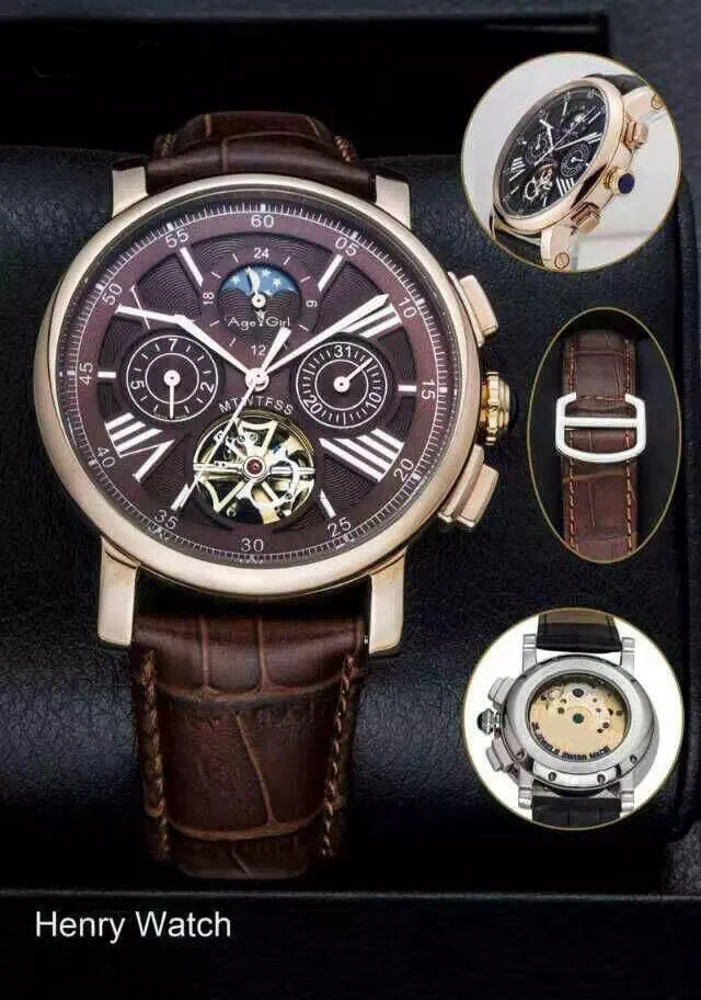 

Luxury Brand New Men Watch Rose Gold Sapphire Automatic Mechanical Dual Time Stainless Steel Rome Leather Tourbillion MoonPhase