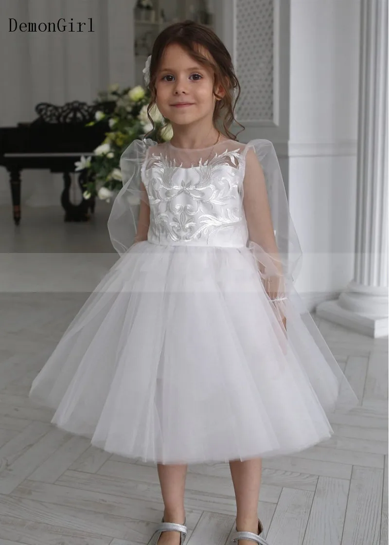 

Ivory Lace Tulle Long Sleeve Flower Girl Dress Kids Tutu O Neck Big Bow Girls Clothes First Communion Dress Size 1-14Y