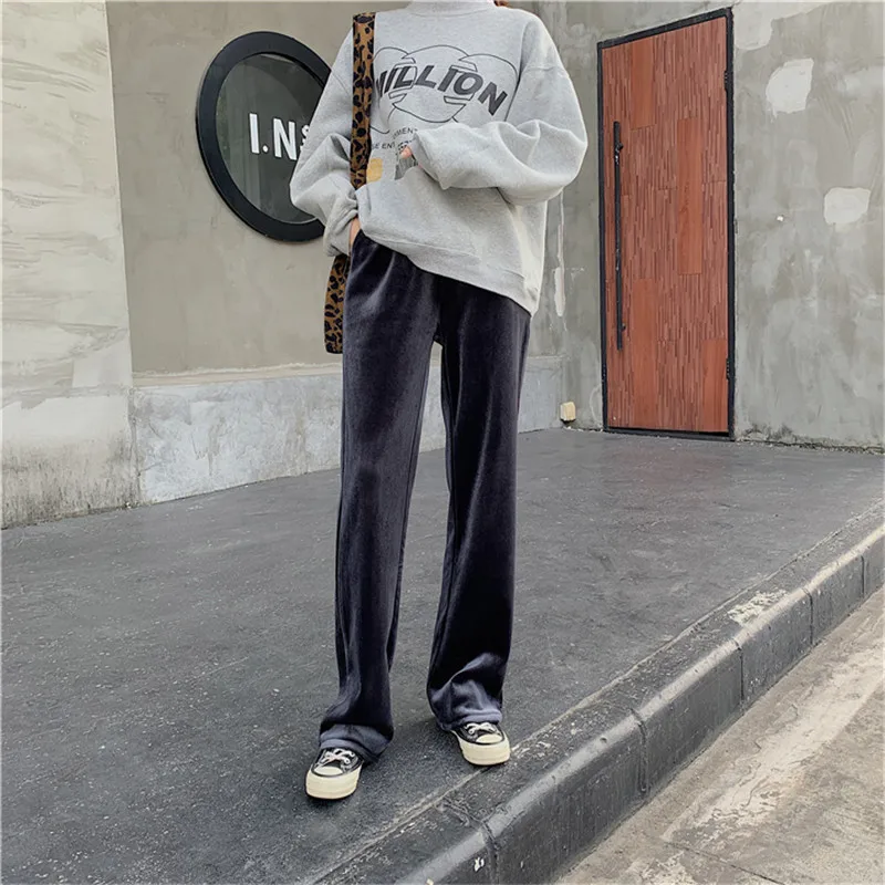 KINOMI зимние утепленные бархатные теплые женские широкие штаны черные с высокой