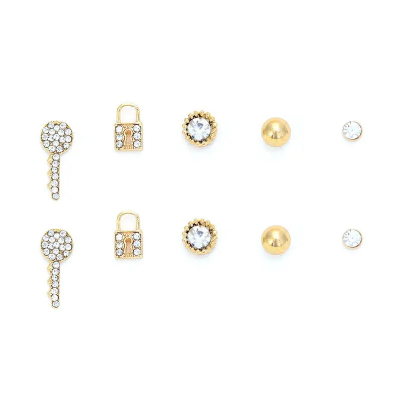 5 Pairs Women Metal Lock and Key Small Stud Earrings Sets Girl Child Ball Geometric Mini Ear Nails Kits Earring Jewelry | Украшения и
