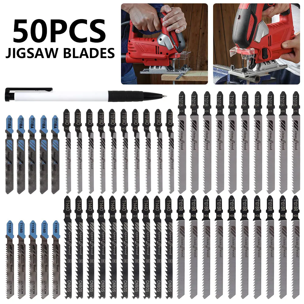 

50pcs Jig saw Blades Set Universal T-Shank T118A/T118B/T101AO/T101B/T101BR/T101D Cutting Tools Jig saw Woodworking Tool Blade