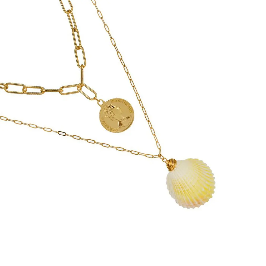 Natural Pearl Pendant Ocean Wind Beach Shells Pink Scallop Multilayer Necklace Fashion Metal Accessories Women | Украшения и