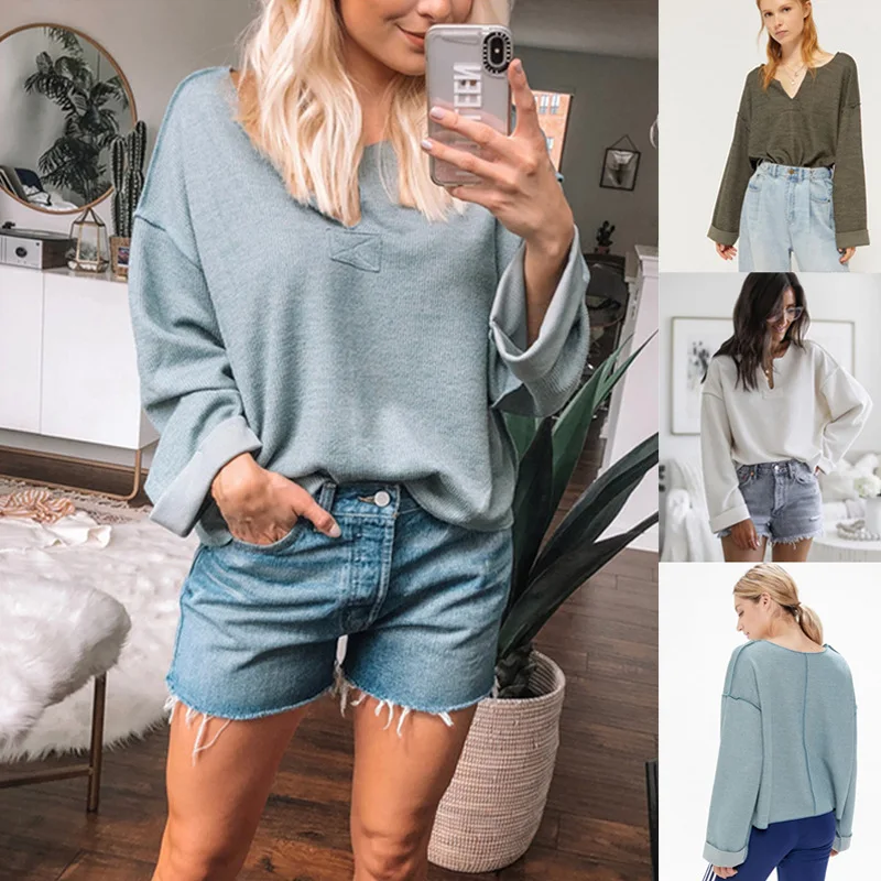 

Women Patch V-neck Loose Sweater Winter Casual Long Sleeve Pullovers Knited Sweaters 2020 Autumn Jumpers White Blue Army Green