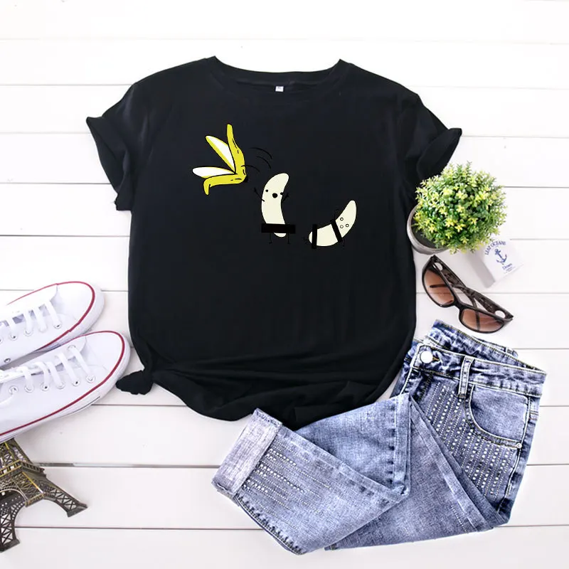 

Oversized T-shirt Banana Undressing Printed 100% Cotton O-Neck Short Sleeve T-shirt Ladies Summer Loose Top Casual TShirt