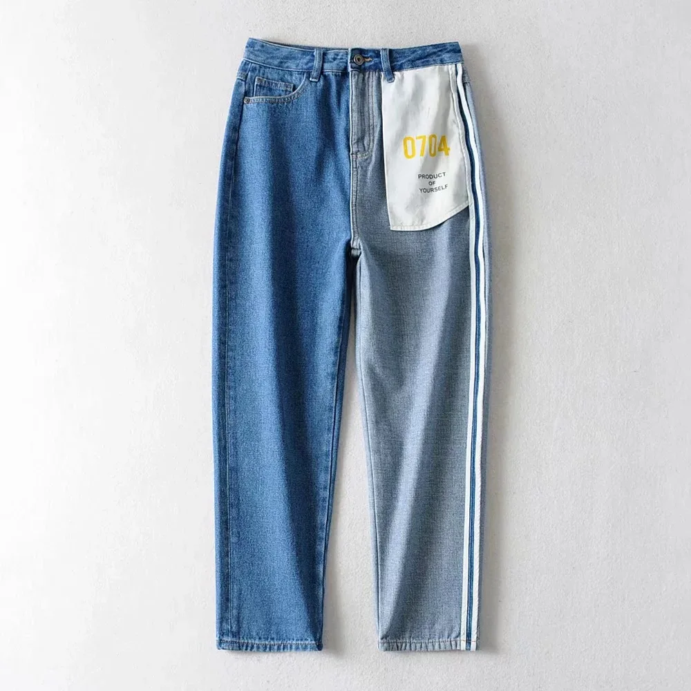 

2020 New Arrivals Woman Autumn High Waist Ladies Jeans Patchwork Letter High Street Denim Skinny Stright pants