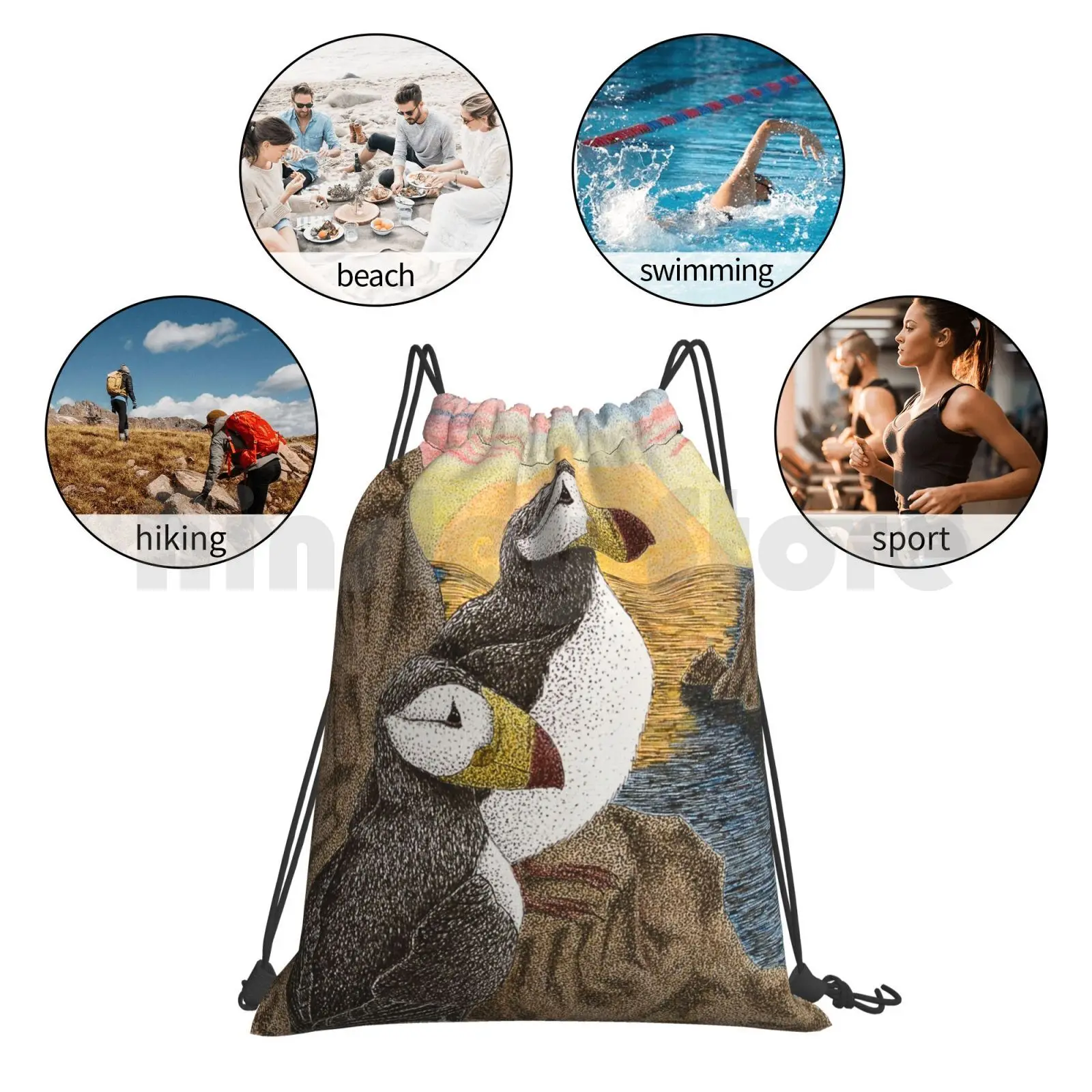 

Puffins On Sunset Cliff Backpack Drawstring Bag Riding Climbing Gym Bag Puffin Bird Sunset Sunrise Colorful Water Ocean Lake