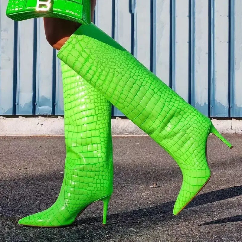 Neon Green Stiletto Heels Boots Crocodile Pattern Knee-High Long Boots Pointed Toe Female Runway Banquet Women Party Shoes Sexy