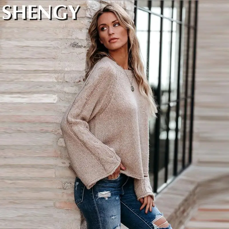 

New Autumn Winter New Women Sweaters Knitted Soft Tops Bell Sleeve Cashmere Pullovers Sweaters Thick Warm Loose Solid Outwear