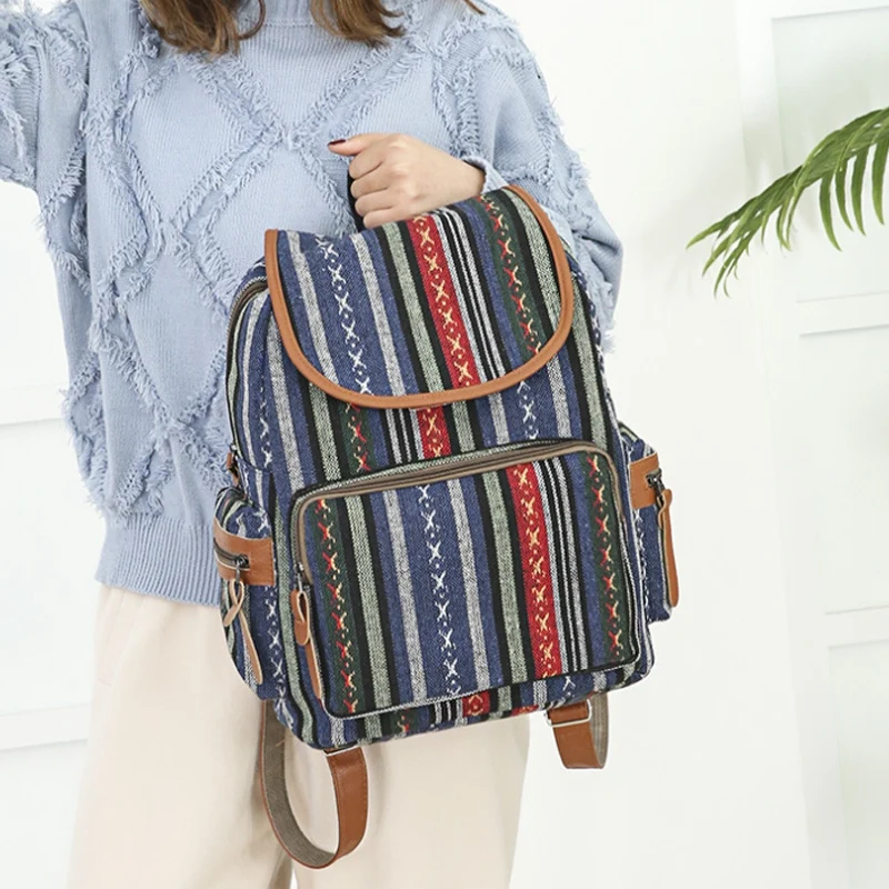

FGGS-Women National Style Canvas Wide Shoulder Strap Bucket Fashion Wild Simple Printing Travel Backpack