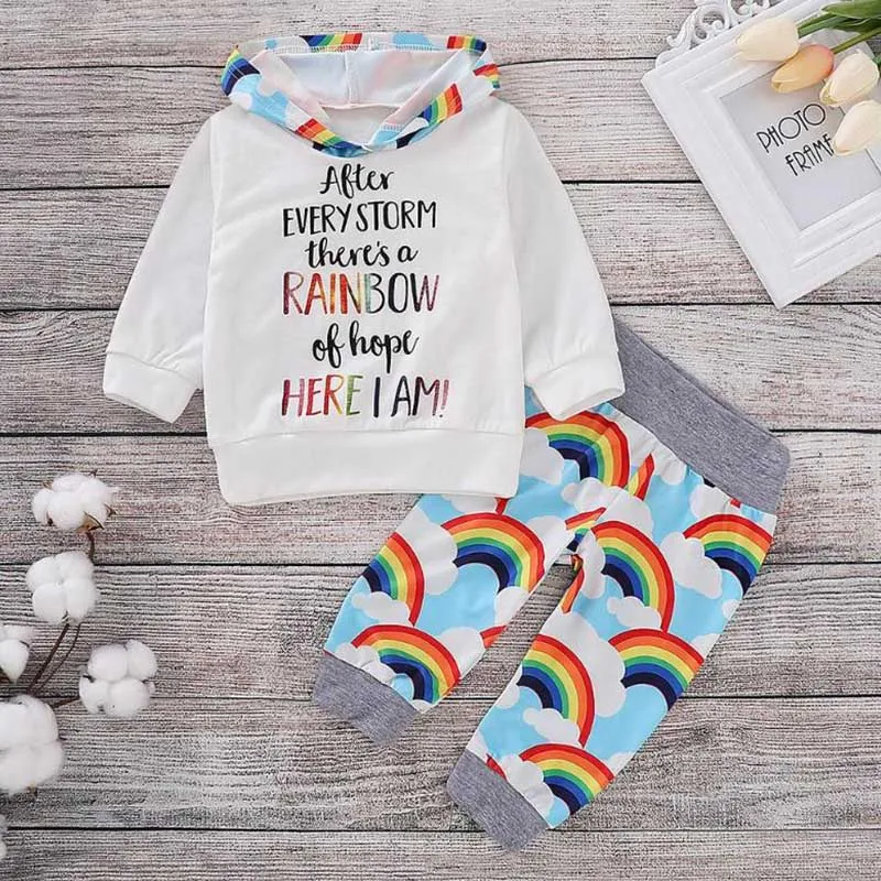 

Baby Set Soft Feel Girls Spring Autumn Baby Letter Rainbow Printing Long Sleeve Hoodies And Trousers Kids Two-piece Outfit Set