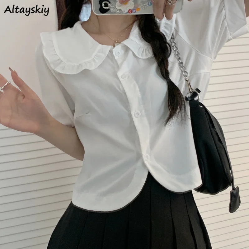 

Kawaii Peter Pan Collar Shirts Women Single Breasted Solid Simple Sweet Cropped Blouses Female Leisure All-match Korean Stylish