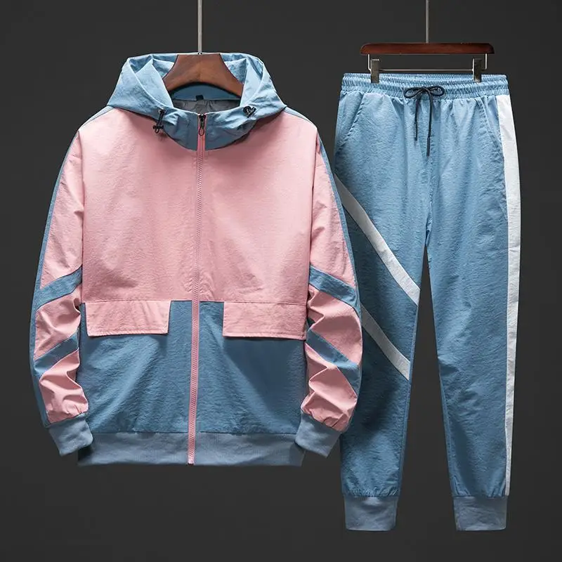 2020 Hip Hop Tracksuit Set Men Spring Autumn Sport Suit Hooded Sweatshirts+Pants Patchwork Two Piece For Sweatsuit plus size | Мужская