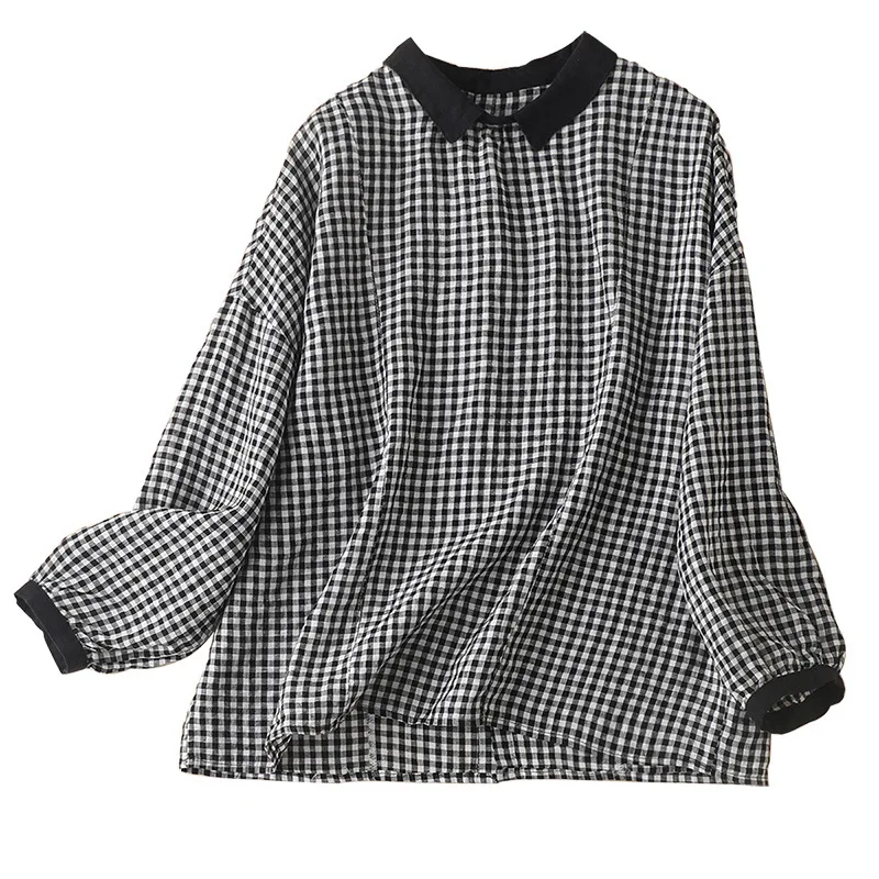 

SHUCHAN Plaid Vintage Linen Peter Pan Collar Women Shirts Blouses Llax Natural Fiber Single-piece Set Blusas Para Mujer