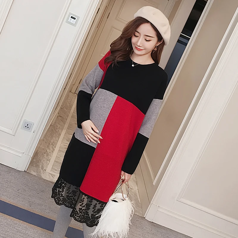 Осенне-зимнее платье для кормящих матерей элегантное кружевное лоскутное