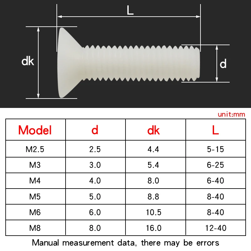 100 шт. нейлоновые крестообразные винты с плоской потайной головкой M2.5 M3 M4 белого