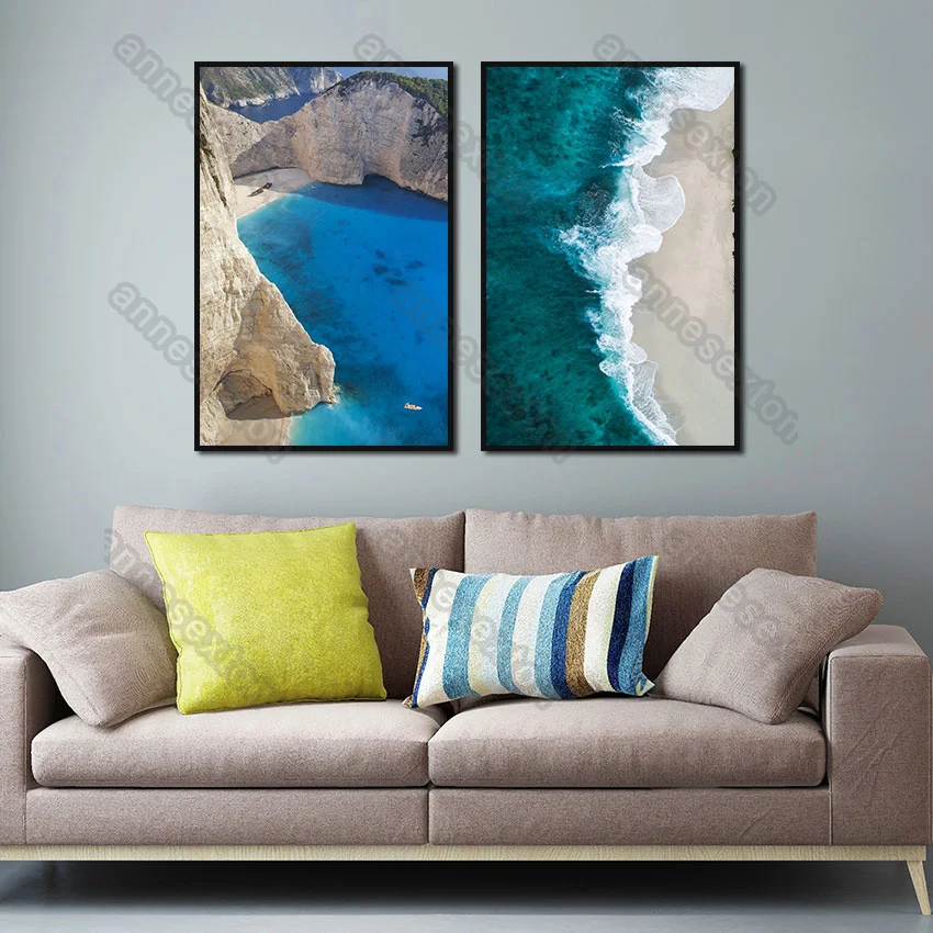 

Modern Style Canvas Painting Poster and Print Seaside Scenery Stones Blue or Green Seawater for Home Rooms Gallery Wall Decorati