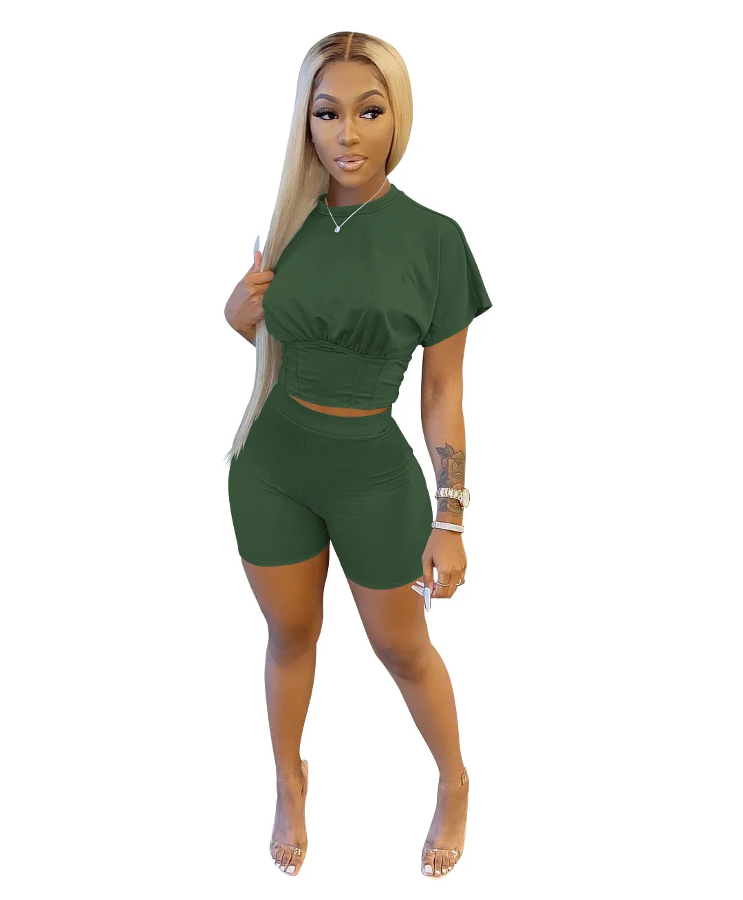 

Fashion Summer Women Solid Two Piece Set Short Sleeve Waist Shorts Two Piece Outfits Ropa Mujer