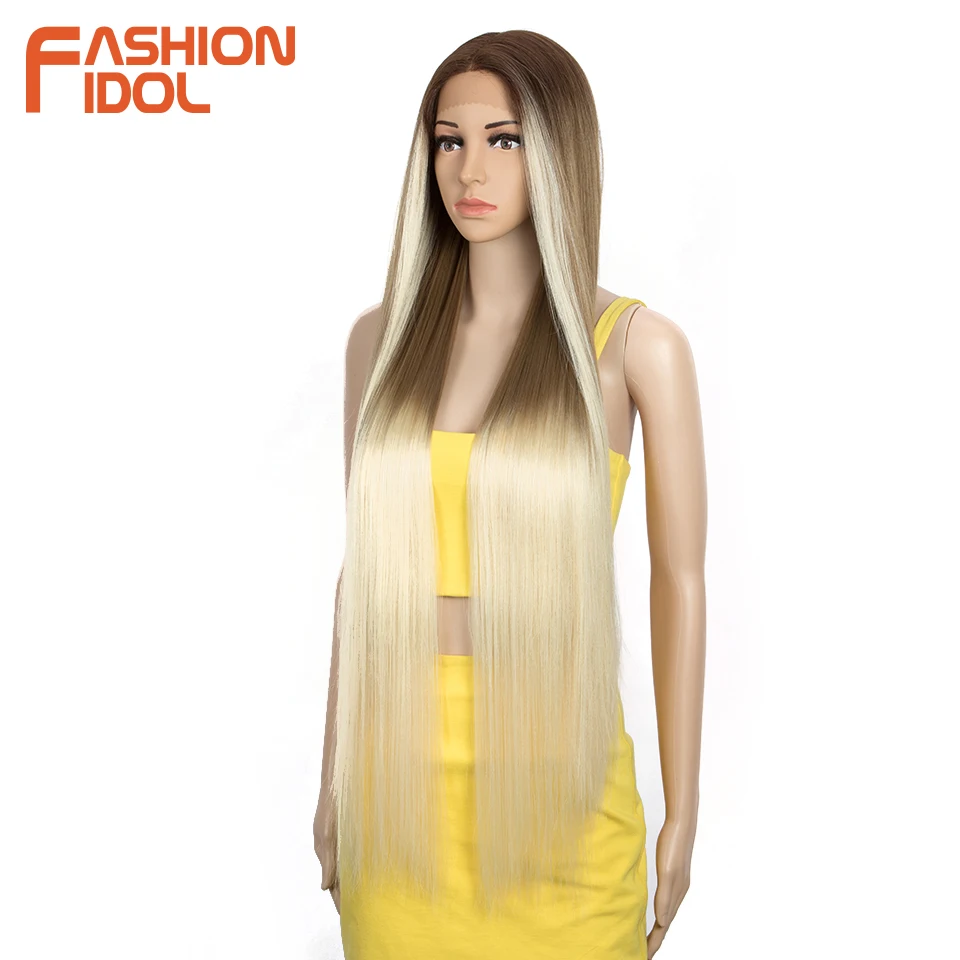 FASHION IDOL 38 inch Straight Long Synthetic Wigs For Black Women High Temperature Fiber Ombre Blonde Highlight Cosplay Wigs