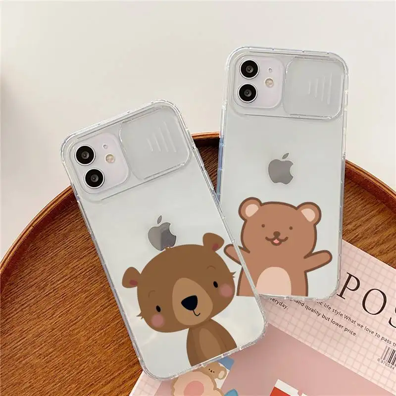 

Cartoon Bear Phone Case transparent For iPhone 7 8 11 12 X XS XR MINI Pro Max Plus Slide Camera Lens Protect