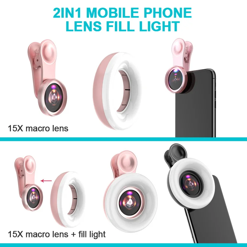 

Portable Selfie LED Ring Flash Light Mobile Phone 53 LED Selfie Lamp Luminous Ring Clip 15X Photography Phone Macro Fill Light