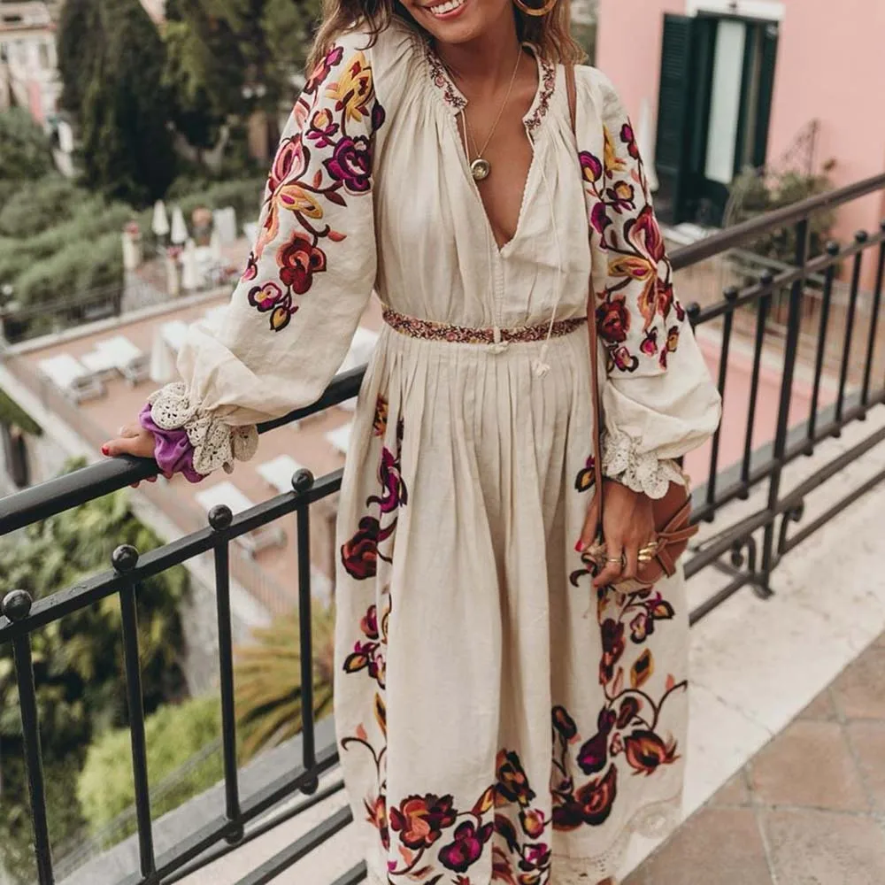 Female Deep V-Neck Lantern Sleeve Boho Maxi Dresses Women's Beach Sundress Floral Pullover Bohemia Vestidos Autumn Fall |
