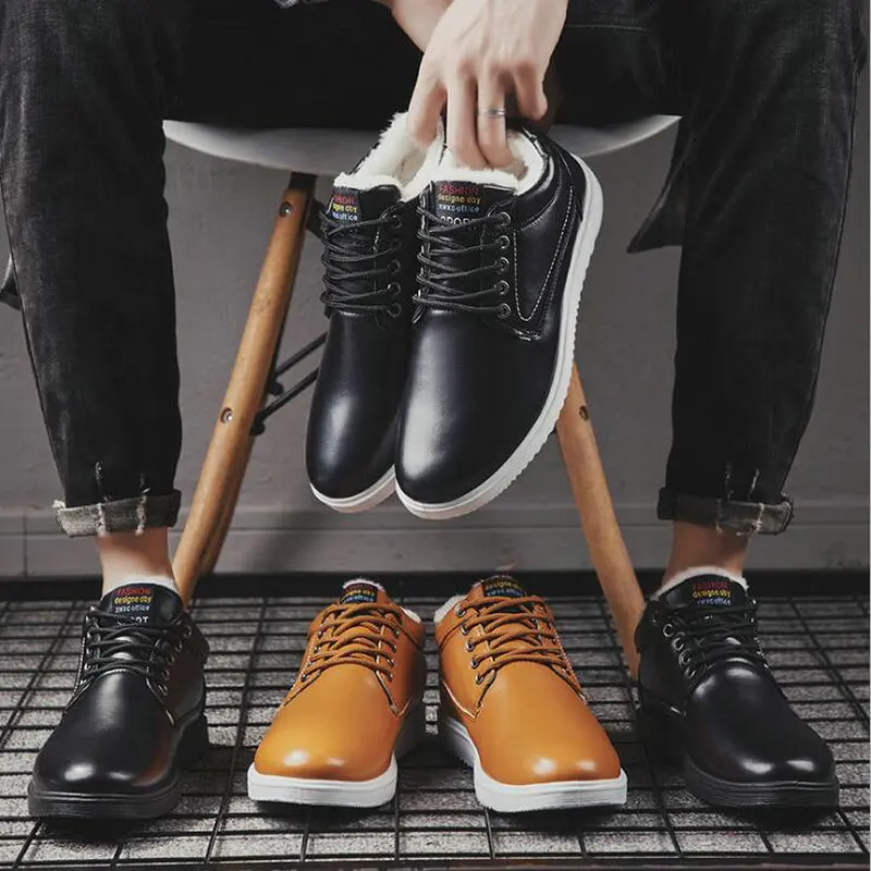 Мужские зимние теплые меховые модные ботинки на шнуровке с круглым носком