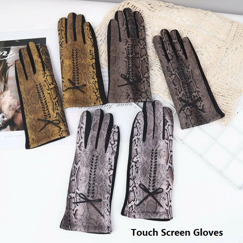 

Fashion Women Touch Screen Snak Skin Gloves Winter Leather Cycling Driving Gloves Suede Velvet Thicken Warm Gloves