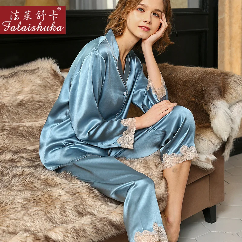 Quality 19 momme 100% natural silk pajamas sets women sleepwear long sleeves wedding Noble genuine silk pyjamas women T8226
