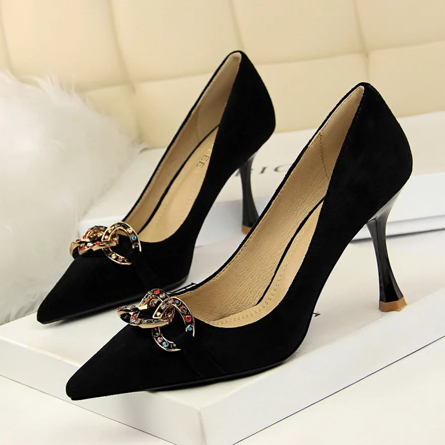 

Top Classics Brand Pumps Women High Heel Shoes Wedding Shoes 10cm Square Buckle Drill Red High-heeled Shoes With Thin Heel 34-40