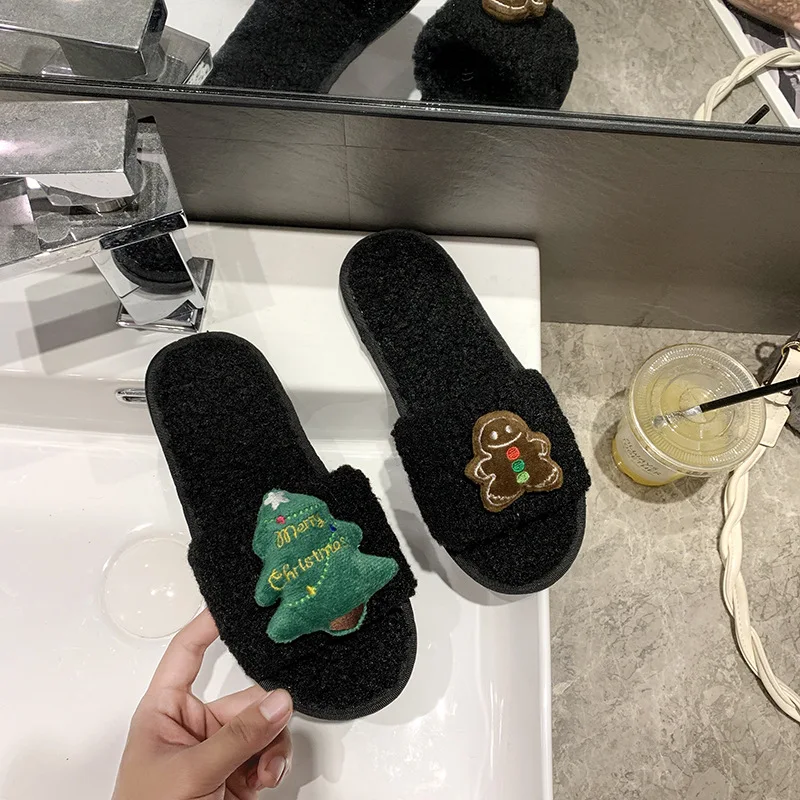 

Furry Slippers Female Christmas Tree Autumn and Winter Parent-child Children Elk Cartoon Home Cotton Slippers