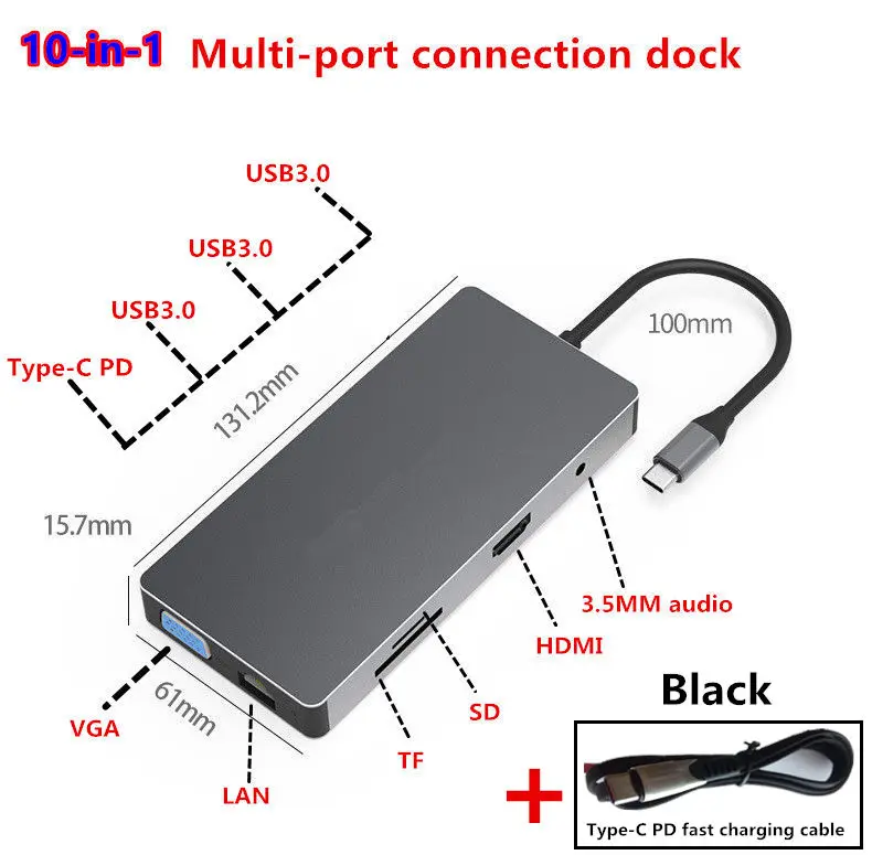 Usb-хаб-c Расширительная док-станция USB3.0 SD TF HDMI VGA 3,5 мм аудио Ethernet интерфейс для huawei xiaomi Macbook mate 10 P20 pro - Цвет: PD  line Black
