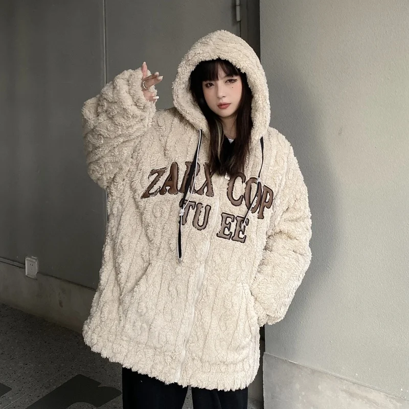 Women Hoodies Cottom Jacket American Embroidered Letter Hooded Thicken Plush Baseball Jacket Women's Winter Cotton Jacket