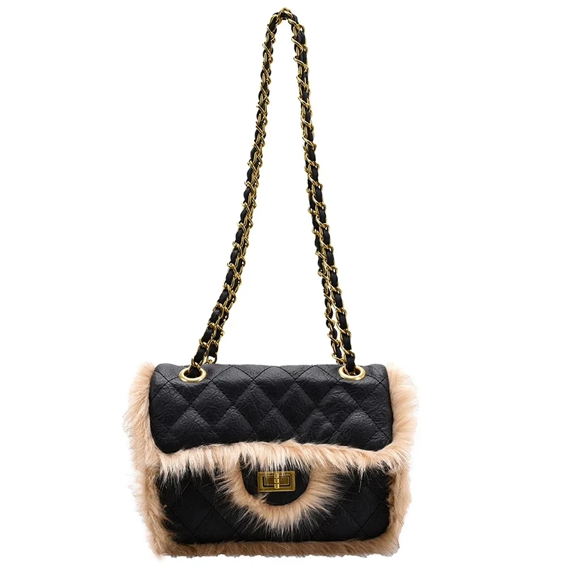 

Western style high texture chain square shoulder bag 2020 autumn and winter new fashion furry women designer messenger bag