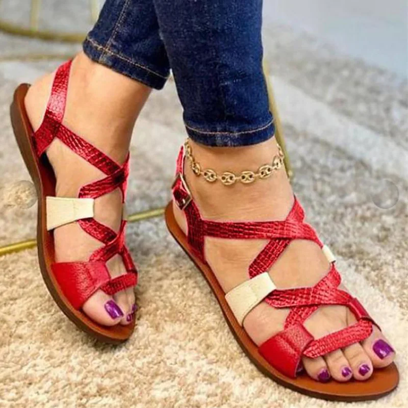 

Women Sandals Shoes Cross Strap Round Toe Flats Slip On Shallow Ladies Low Heels Casual Female Comfort Summer Fashion 2021 New