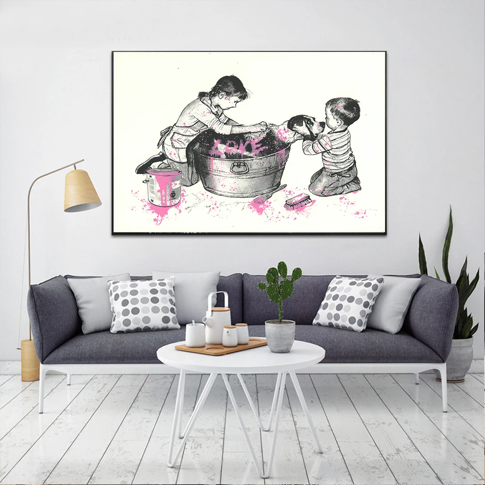 

Street Graffiti Art Canvas Painting Children Bathes Dog Art Wall Posters and Prints Love Animals Artwork for Living Room Decor