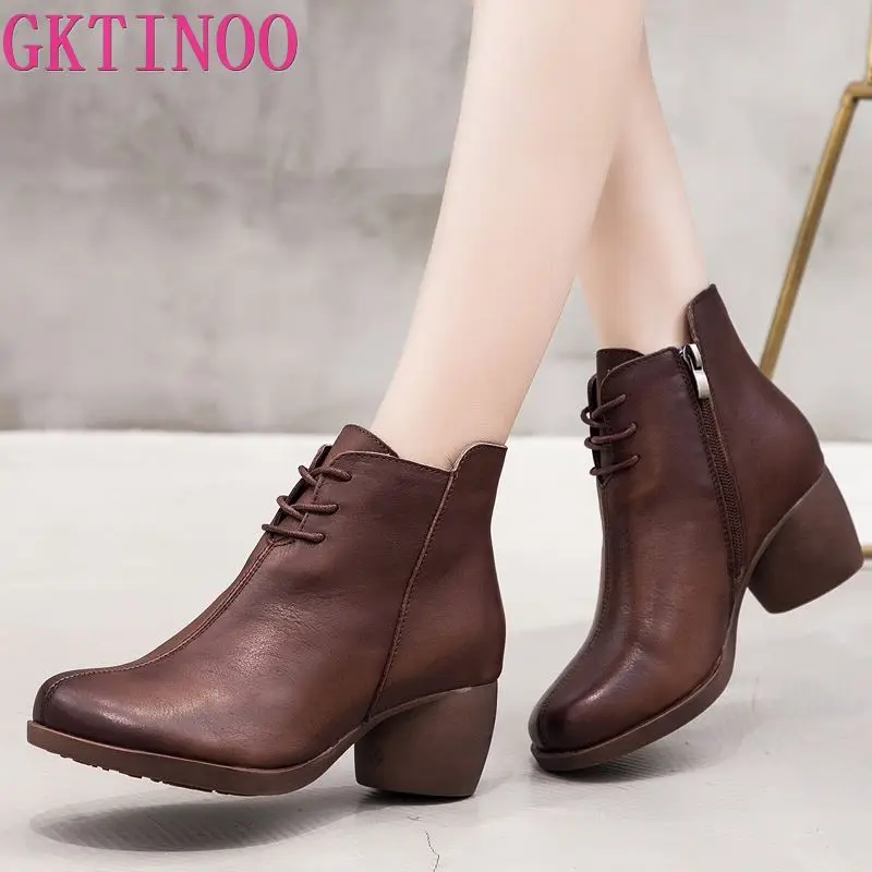 GKTINOO New High Quality Women Ankle Boots Handmade Genuine Leather Woman Round Toe Lace Up Shoes Female Footwear | Обувь