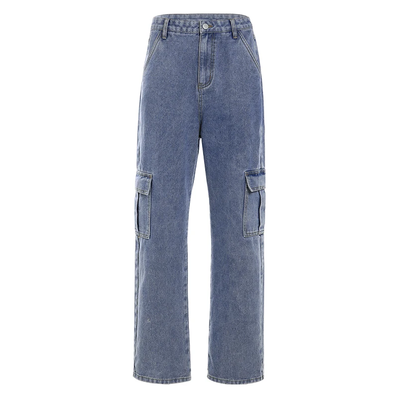 

Jeans taille haute avec poches en patchwork pour femmes, streetwear, pantalon droit, bleu, 100% coton, joggins cargo