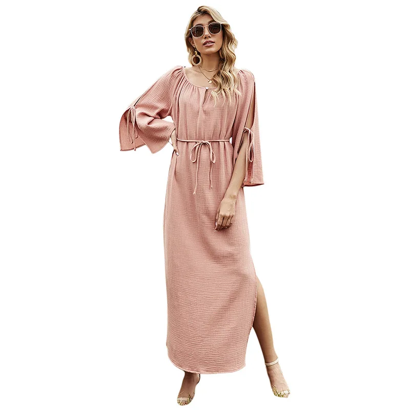 

Spring 2021 new bohemian open-fork dress high-waisted solid dress