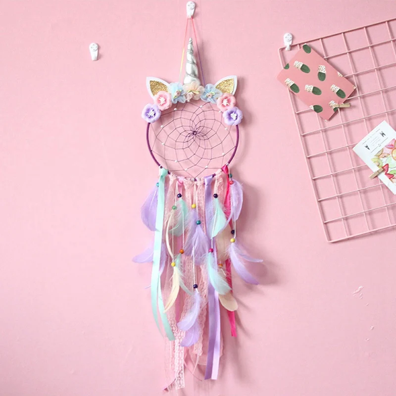 Милый Единорог ветряные колокольчики Ловец снов перья ловли Monternet декор для