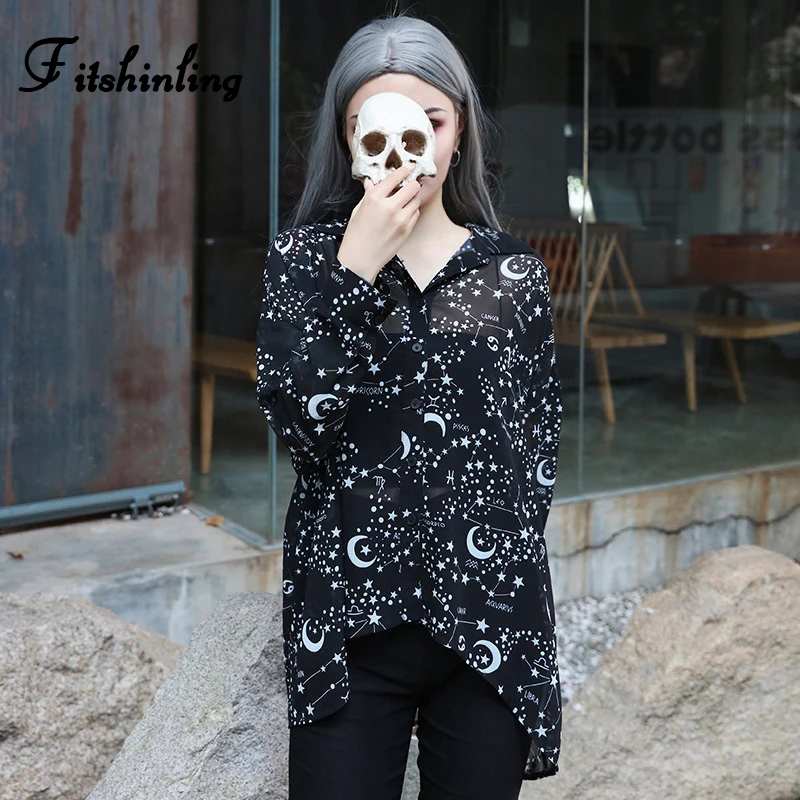 Fitshinling Goth Dark Galaxy шифоновая блузка рубашка женские открытые черные топы Осенние