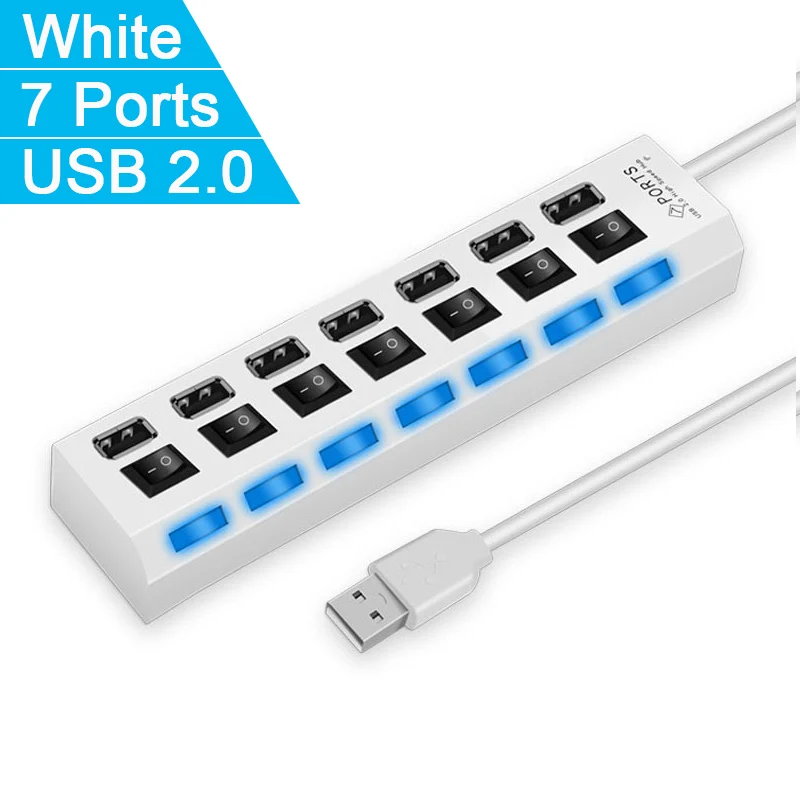 Usb-хаб 2,0 Супер Скорость 480 Мбит/с 4/7 Порты Портативный Micro USB 2,0 HUB разветвитель с светодиодный светильник для ноутбука Планшетные ПК USB 2,0 концентратор - Цвет: 7 Ports White
