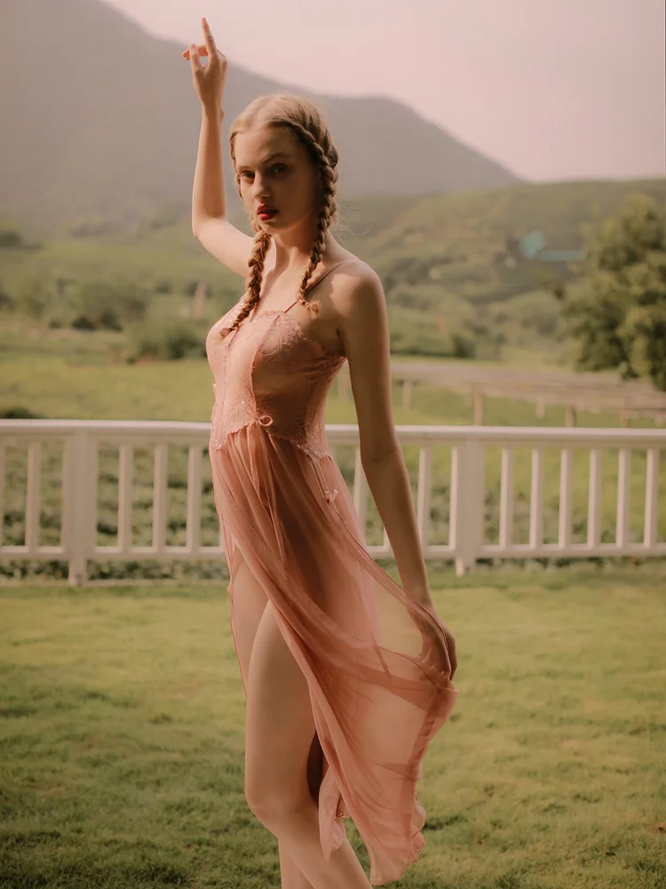 Летняя Сексуальная кружевная Женская длинная ночная рубашка с длинным рукавом