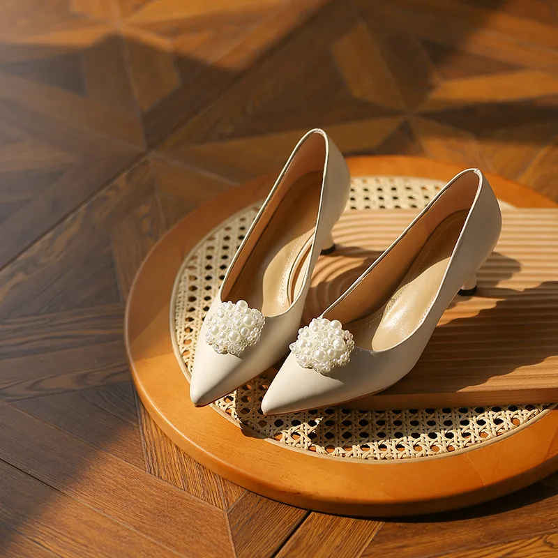 

MEMUNIA 2021 Top Quality Genuine Leather Shoes Women Pumps Pearl Slip On Spring Summer Thin High Heels Single Shoes Woman