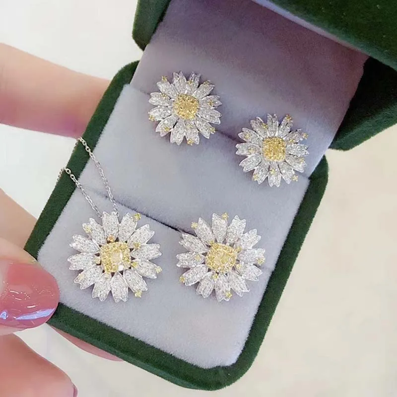

Trendy Cute Daisy Flower Silver Color Jewelry For Women Dazzling CZ Pendants Necklace Earrings Resizable Ring Fine Jewelry Sets