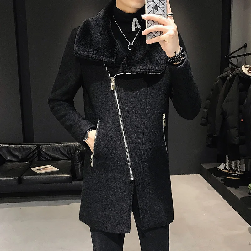 Мужское пальто с большим меховым воротником Мужская ветровка зимнее шерстяное