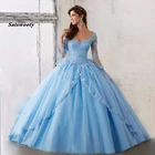 2022 небесно-голубое элегантное бальное платье с длинным рукавом, платья для девушек с кружевной аппликацией, платья для 15-16 лет